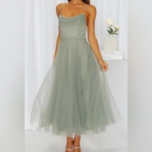 Hello Molly Signal My Way Tulle Midi Dress in Sage Green